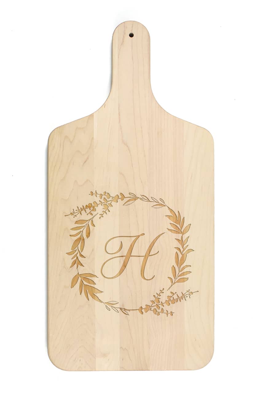 Floral Wreath Monogram Maple Paddle Cutting Board